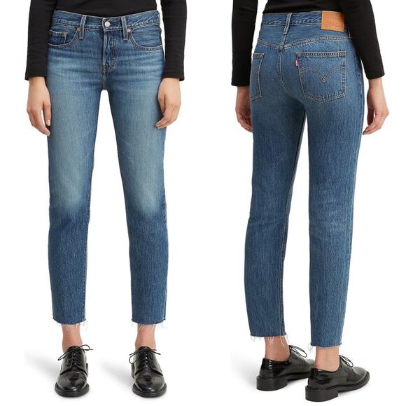 Levi's 501 Tapered Raw Hem Jeans Size 25 High Rise Mid‎ Blue Wash Rigid Denim - Picture 2 of 16